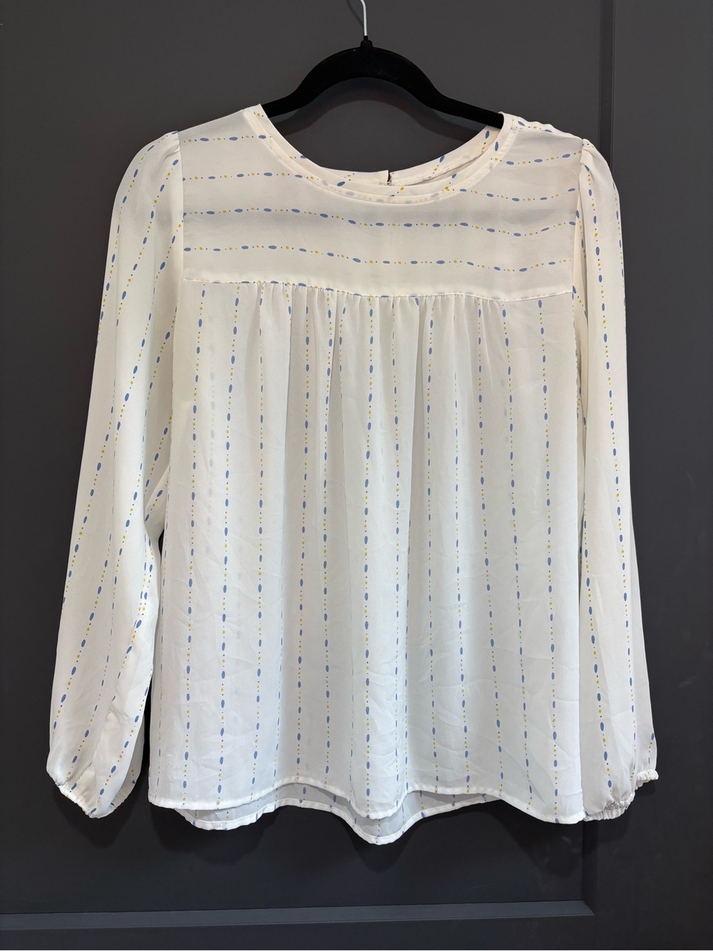 LOFT Cream Long-Sleeve Pintuck Blouse with Blue and Yellow Dot Stripe